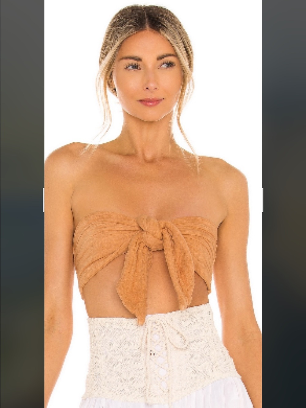 Strapless Tie-Front Crop Top in Camel